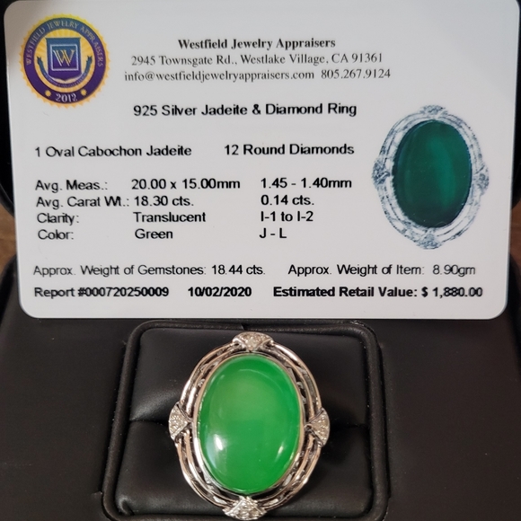 925 Silver Jadeite & Diamond Ring - Picture 3 of 4